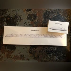 New in the box, never opened. 

Apple Magic Keyboard and Magic Mouse.